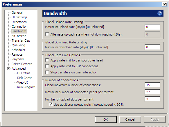 bandwidth settings page