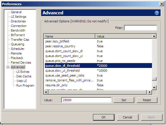 slow peers settings on advanced settings page